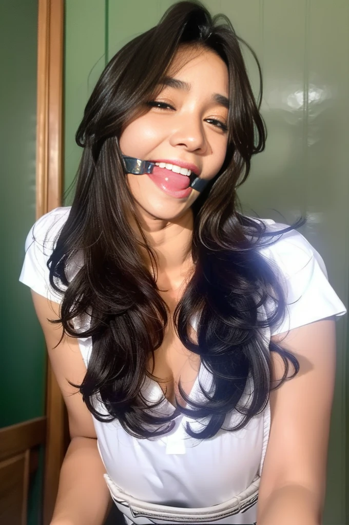 1girl, (Indonesian_high_school), sleeping, detailed face, detailed eyes, huge breasts, looking at the audience, (laughing cute: 1.2), (happy), (8k, RAW photo, best quality, masterpiece: 1.2), (realistic, realistic: 1.37), ultra-high resolution, gagged, tape gag, ball gag