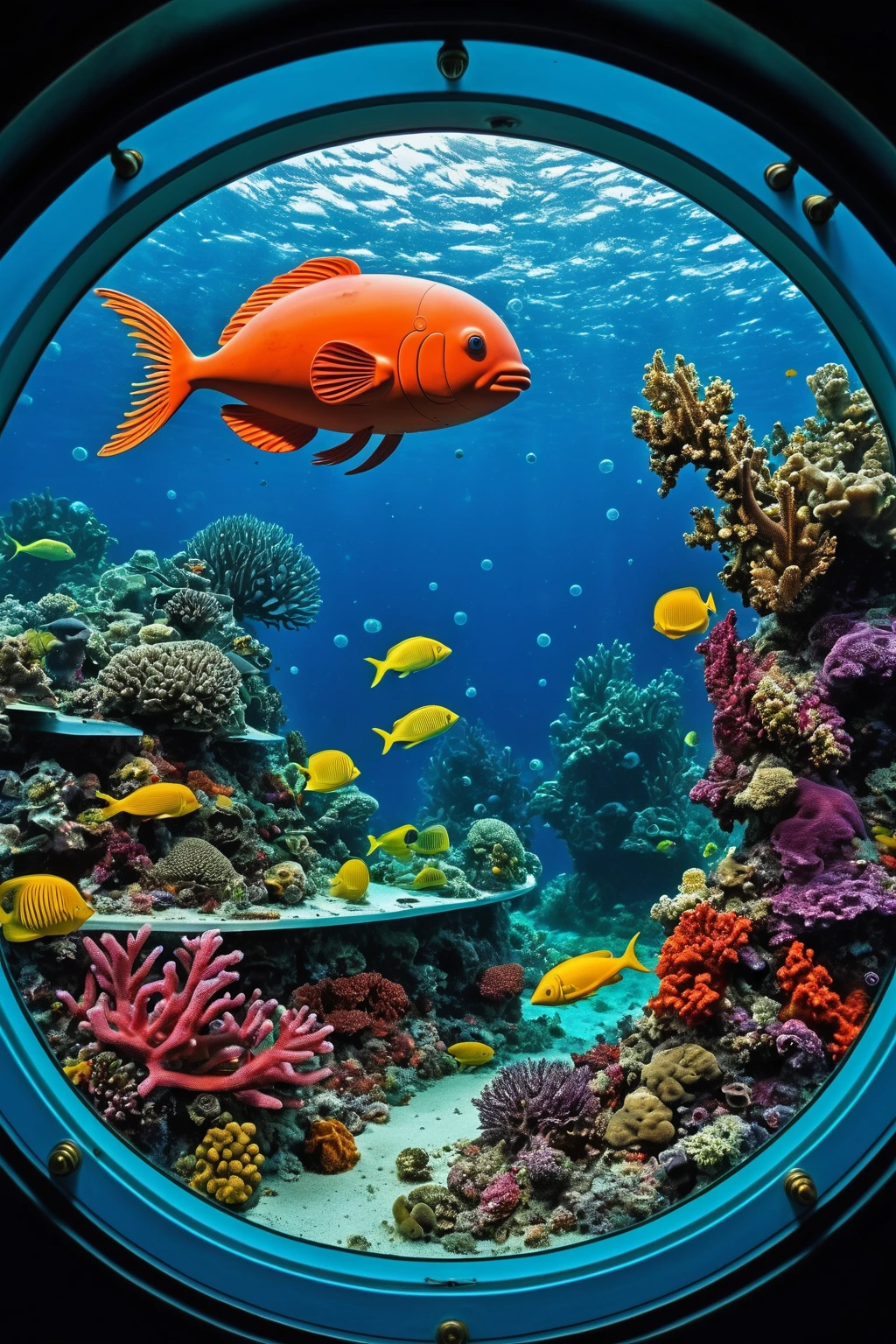 masterpiece, colorful pictures a view outside small window, circle window of submarine, underwater view, coral, bubble, intricate sea creatures, glass, reflective, kraken