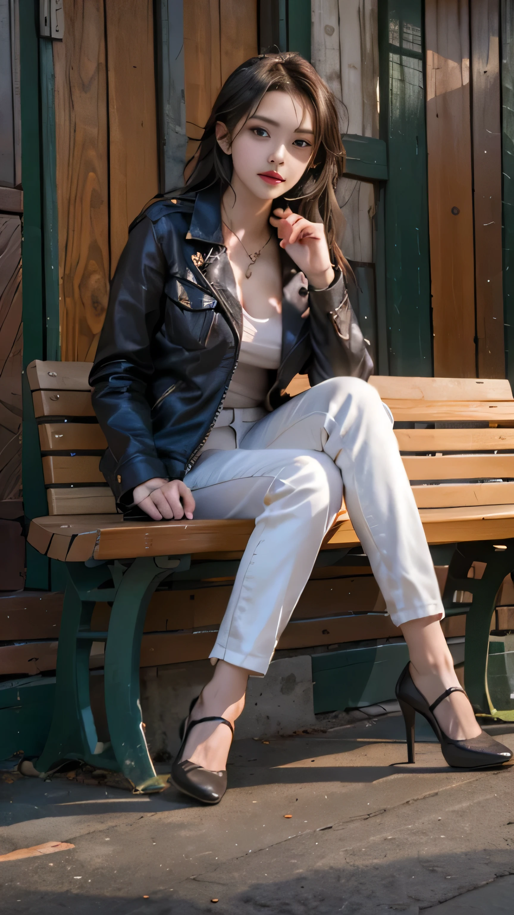 (A woman sitting on a bench)realistic, High resolution, soft light,1 female, alone, hip up, (detailed face), jewelry, streetwear, beauty model, Eyes that invite the viewer, Spouse'perspective, attractive appearance, sexy smile, perfect style, perfect balance, fine skin, naughty look, I can see your breasts、long legs
