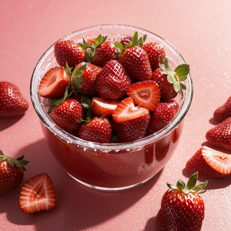 strawberry-flavored beverage, refreshing, glass bottle, condensation, ice cubes, sparkling bubbles, vibrant red color, succulent strawberries, garnish, straw, close-up, thirst-quenching, summer vibes, fruity aroma, juicy texture, high-resolution, vivid colors, photorealistic style, soft lighting