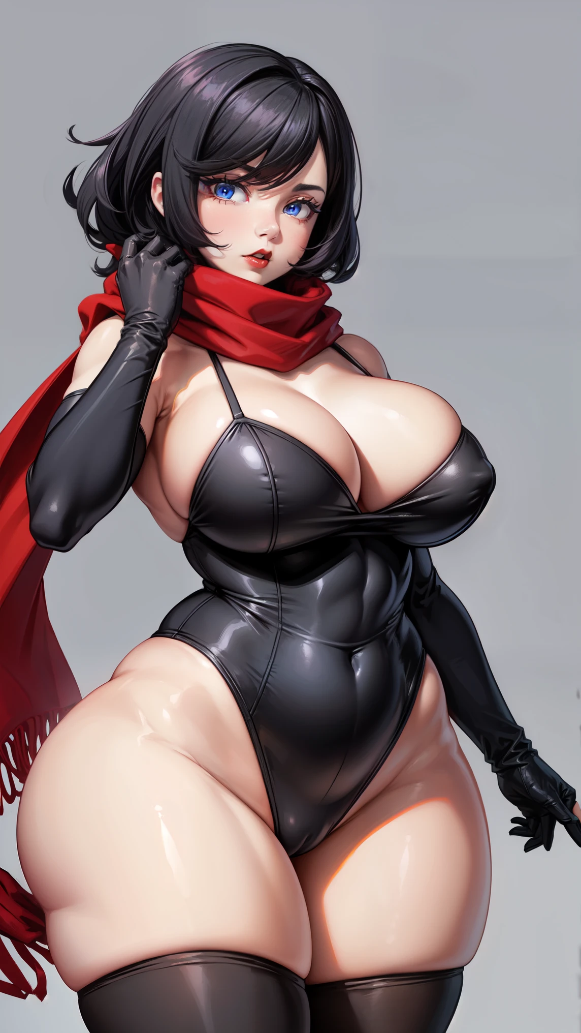 perfect anatomy 1 girl tall solo curvy body ((red scarf)) ((long gloves)) perfect hands big tits small black dress extremely short red hair covering eyes black lipstick long black glows blue eyes sexy ((thicc))