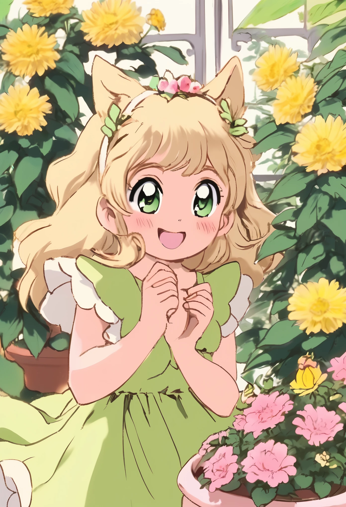 1 girl, :D, animal ear hair, Animal ears, Bangs, black hairbanD, blonDe hair, vague, vague backgrounD, Depth of fielD, Dress, flower, flower pot, frilleD Dress, decorate, green Dress, green eyes, hairbanD, holDing, long hair, open mouth, pink flower, plant, potteD plant, sketch, sleeveless, sleeveless Dress, Smile, alone, Tail, wrist cuffs, yellow flower, 1980s (style),8k,masterpiece,Super fine,Rich details,Realistic ray tracing,OC rendererst-person perspective