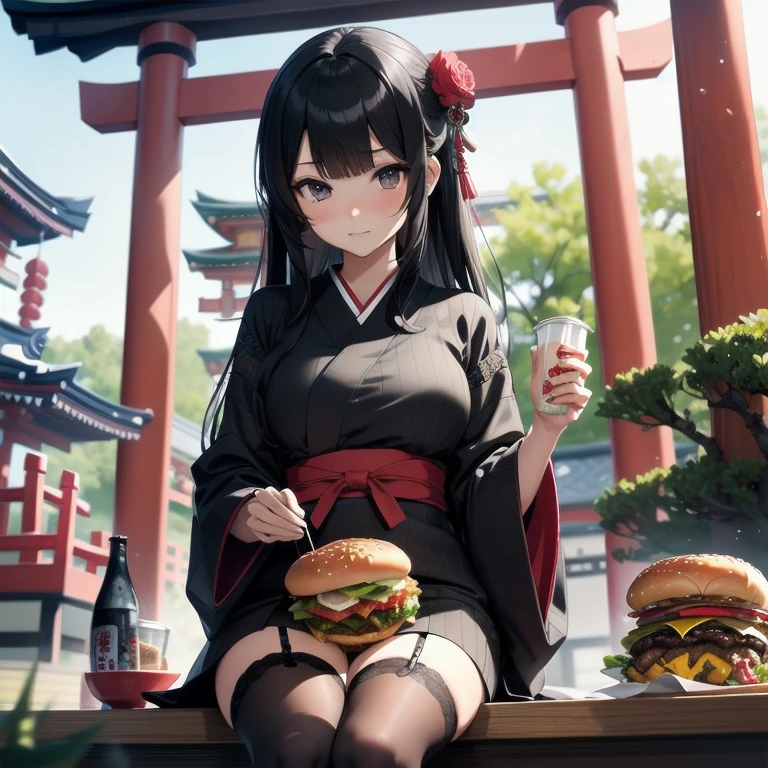 1girl, anime, black eyes, long black hair with square bangs, very long black hair, super long black hair, skirt and stockings, (((stockings))), heels, black Japanese style kimono mixed with ribbed black sweater with red accents and sakura floral design, ((ribbed black sweater)) adult, (((Japanese shrine/temple background))), kimono sleeves, garter, graceful, ((burger in hand in kitchen)), burgers on countertop, lots of completed dishes everywhere, (((lots of food in the background))), french fries, cola soda,