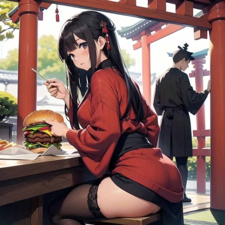1girl, anime, black eyes, long black hair with square bangs, very long black hair, super long black hair, skirt and stockings, (((stockings))), heels, black Japanese style kimono mixed with ribbed black sweater with red accents and sakura floral design, ((ribbed black sweater)) adult, (((Japanese shrine/temple background))), kimono sleeves, garter, graceful, ((burger in hand in kitchen)), burgers on countertop, lots of completed dishes everywhere, (((lots of food in the background))), french fries, cola soda,