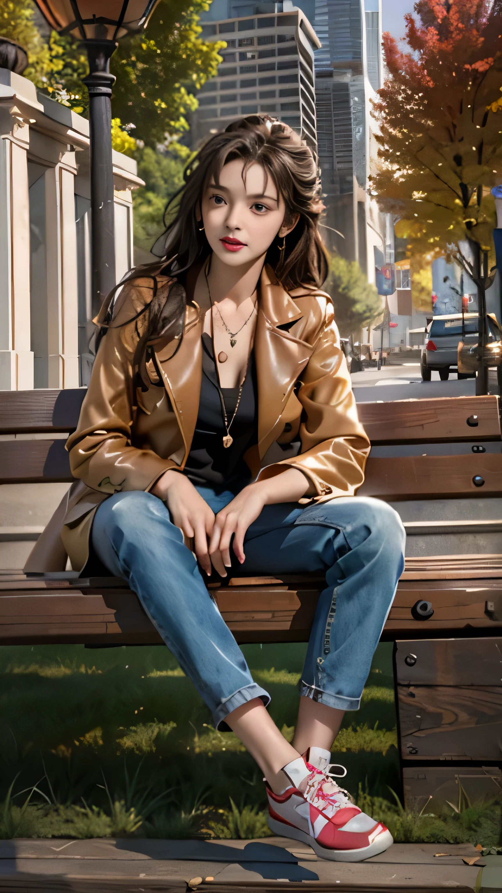 (A woman sitting on a bench)realistic, High resolution, soft light,1 female, alone, hip up, (detailed face), jewelry, streetwear, beauty model, Eyes that invite the viewer, Spouse&#39;perspective, attractive appearance, sexy smile, perfect style, perfect balance, fine skin, naughty look, I can see your breasts、long legs