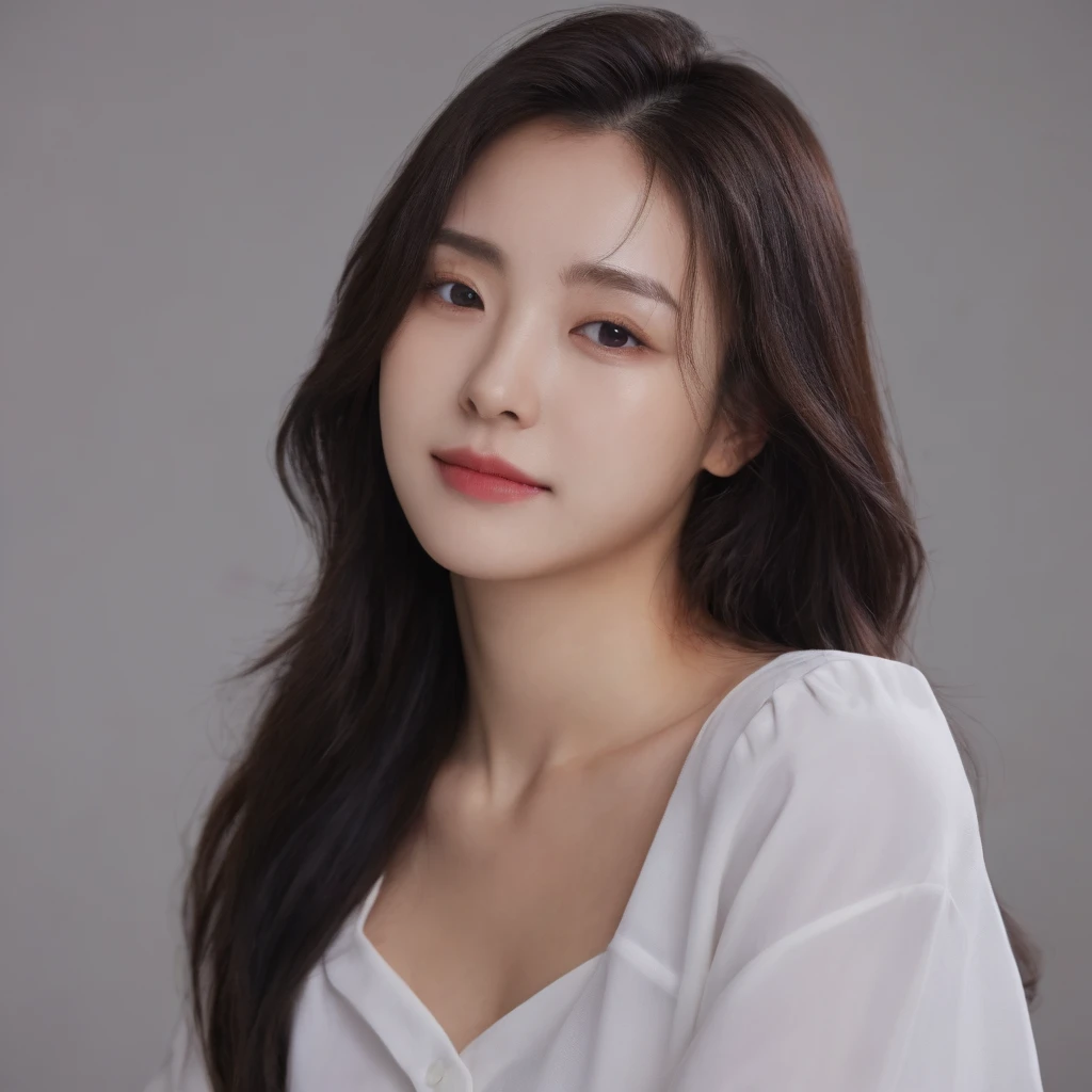 Best Quality, 8k, Masterpiece, (Portrait: 1.3), (photo realistic:1.4), (hyper realistic:1.4), Sharp Focus, looking at viewer, (smoother lighting:1.1), (increase cinematic lighting quality:0.9), realistic lighting, backlighting, light on face, ray trace, (brightening light:1.2), (Increase quality:1.4), sharp detail, (best quality real texture skin:1.4), finely detailed eyes, black_eyes, finely detailed face, 25 year old Korean woman, white blouse, ashbrown hair color