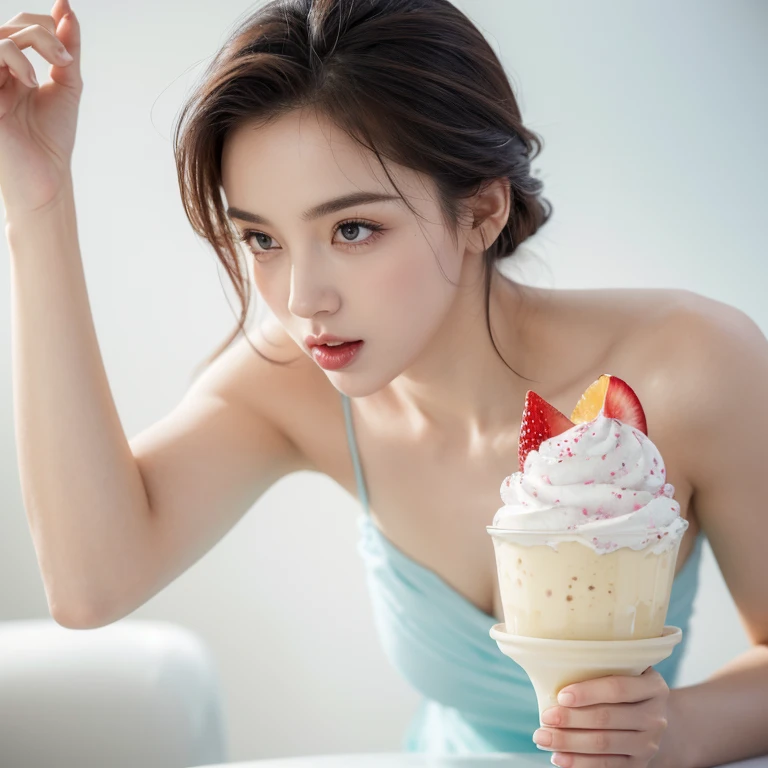 (Masterpiece), (intriciate detail), (Photorealistic:1.3), 1 cute Japanese model, Elegant magazine advertising model, Posing with mixed fruit Parfait, A mixture of fruits and ice cream with shaved ice, in Angled crystal glasses, Topped with strawberries and cream, universe, Marine Blue Theme, dramatic lighting, Spoon, pieces of ice, fruits,