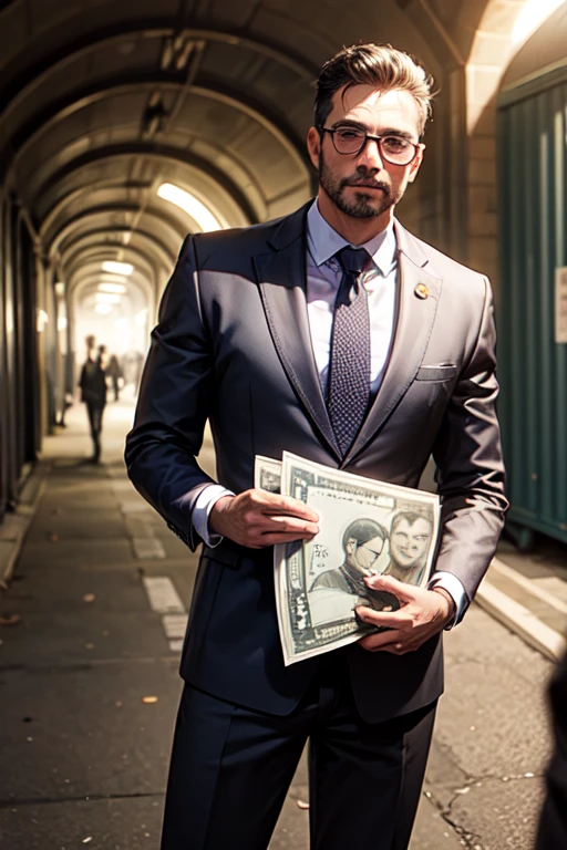 Image of a successful business man in a deep tunnel holding cash and another ordinary man holding a container beside him realistic image.