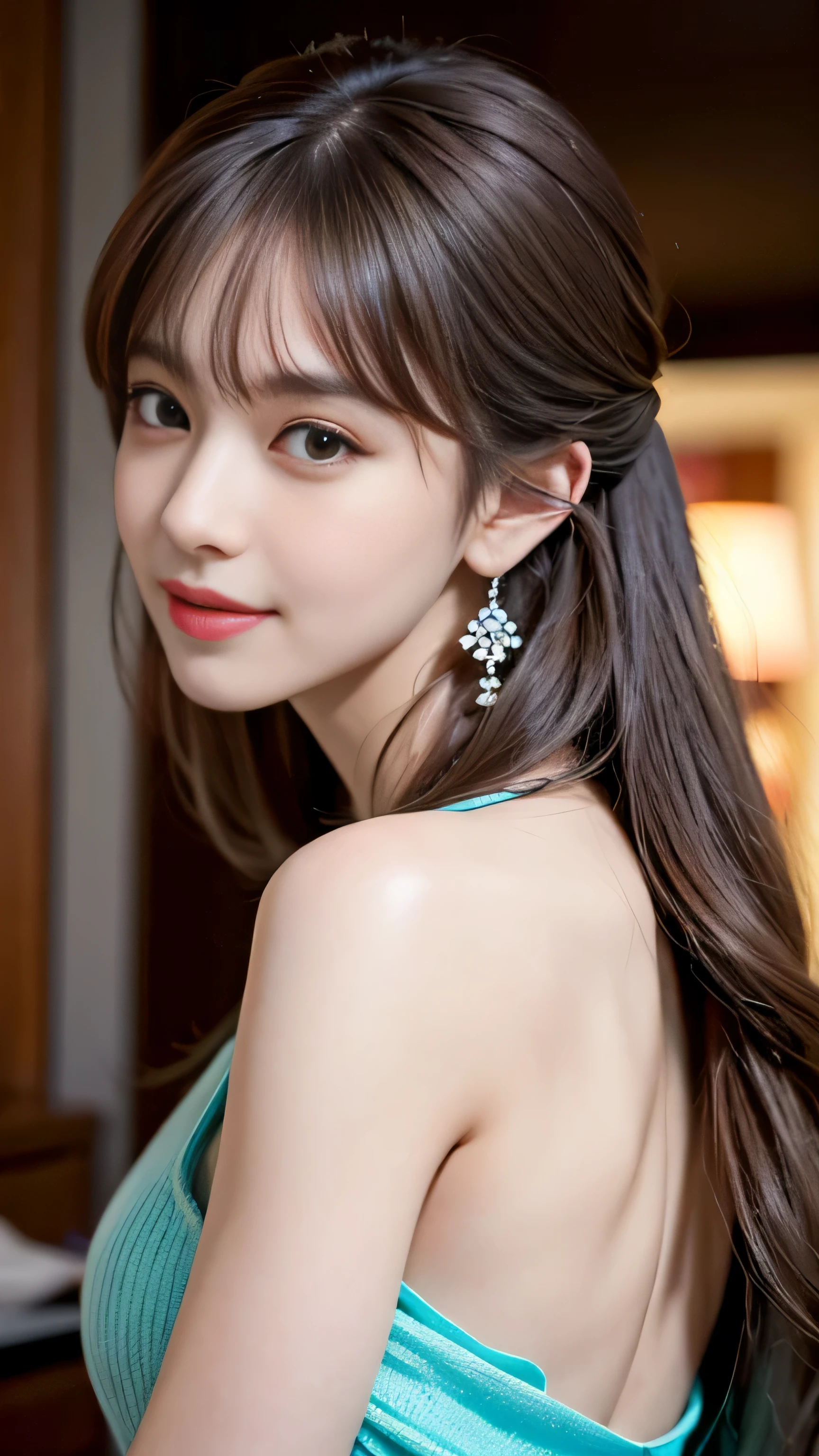 1 girl, silver hair, brown hair, dull bangs, floating hair, long hair, fireplace awning, aqua eye, Shining eyes, long eyelashes, earrings, compensate, smile, parted lips, written boundary depth, first person perspective, from behind, From the side, upside down, f/1.8, 135mm, canon, UHD, retina, masterpiece, Accurate, anatomically correct, rough skin, Super detailed, advanced details, high quality, 最high quality, High resolution, 1080p, hd, 4k, 8K