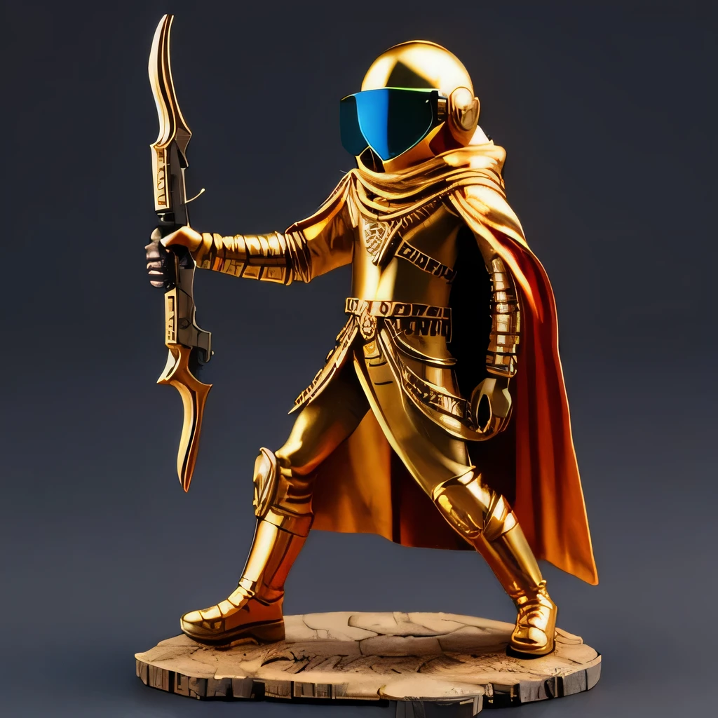 Brilliant Gold Diamond Maya Star,Copper weapons, Burlap Cape Mummy Hood Platinum Silk Cyberpunk Light Crossbow Space Station 1:90 miniatures, illustration, side view, (side view), Wear gold-rimmed reflective sunglasses, Carrying future weapons, very happy, side view, whole body, 3d, (Wood material) octane rendering, perfect appearance, collagen(((Isometric art)))