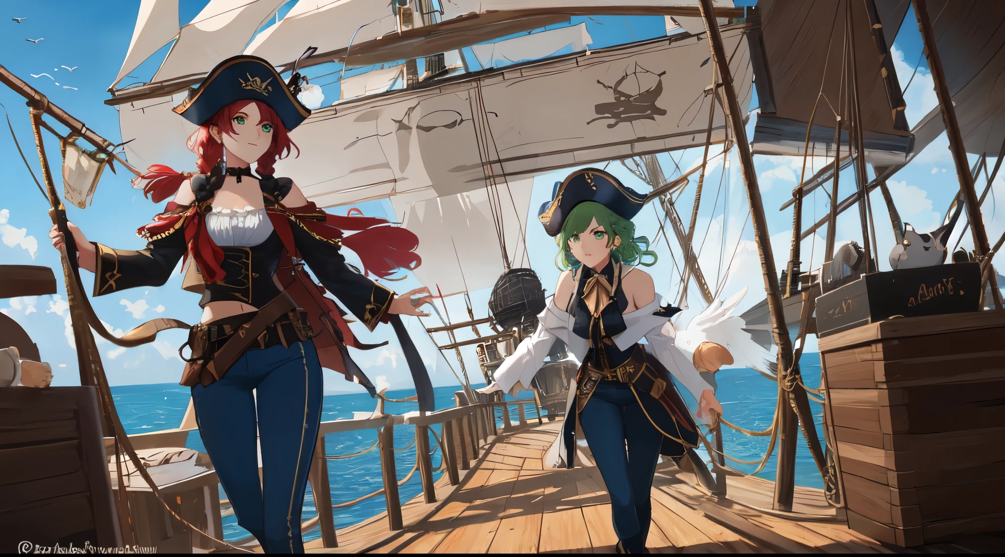 beautiful lesbians Captain Roseheart and Black-eyed Bonnie Stormchaser, fearless and brave expression, mature, thin shoulders, very thin body, long fear, black captive dark pirate hat, white dirty braids, vibrant green eyes, Blue Pants, Inside the Ship, Deck of the Ship, Under sail the Angel Rose, lesbian pirate flag, whose symbol is a angels, 3 giant cat heads carved out of wood on the stern of the ship. Altamente detalhado, HDR, perfeito, Beyond imagination, 8k, global ilumination, wide angle, black pearl bay