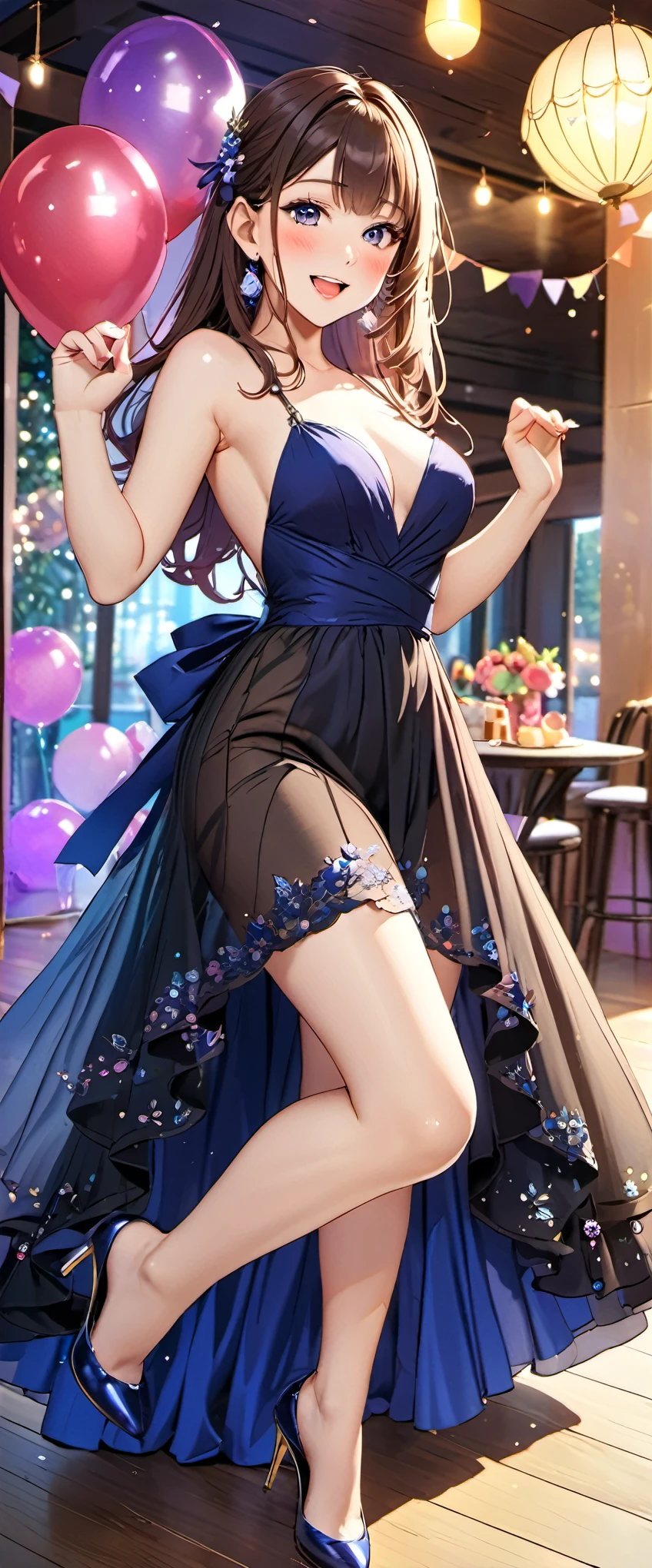 woman,20-year-old,,party venue,morning,(((sexy dress with decorations))),,open mouth smile((Pose with movement)),blush,See-through