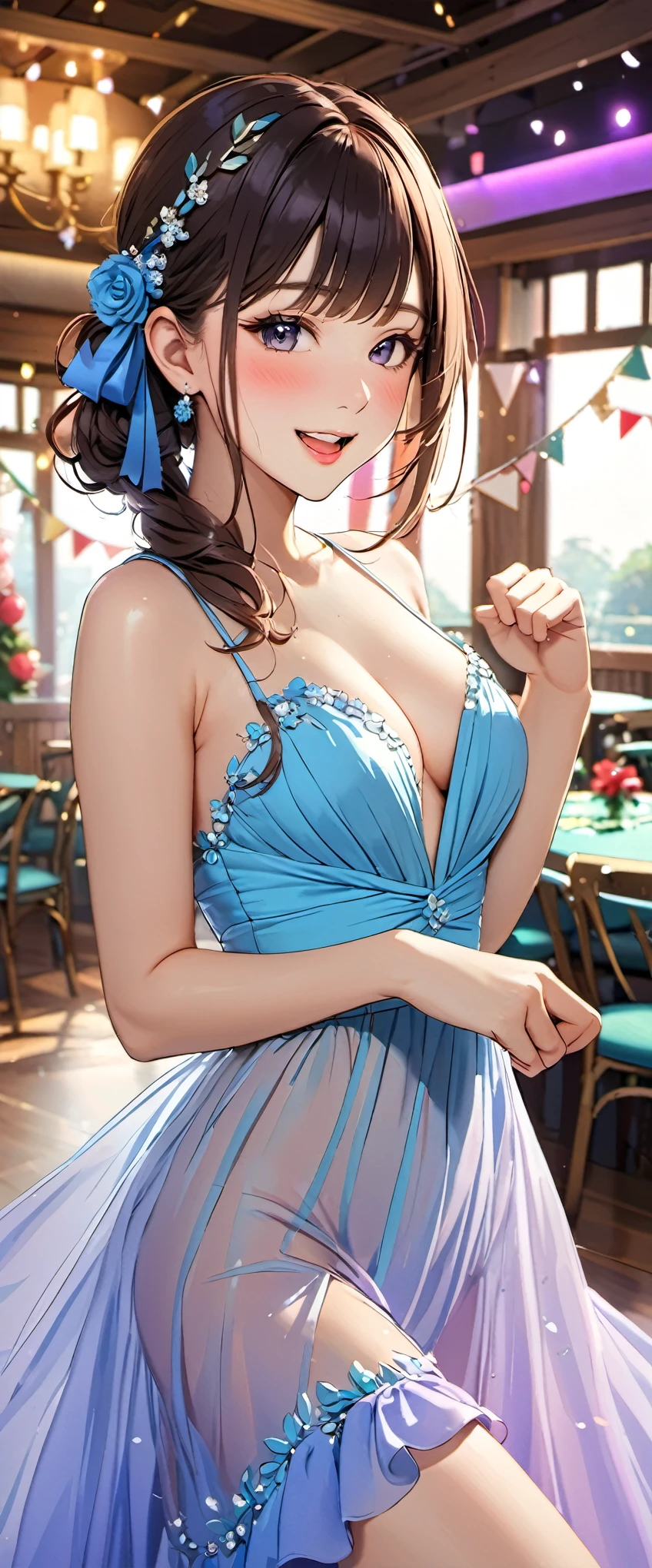 woman,20-year-old,,party venue,morning,(((sexy dress with decorations))),,open mouth smile((Pose with movement)),blush,See-through