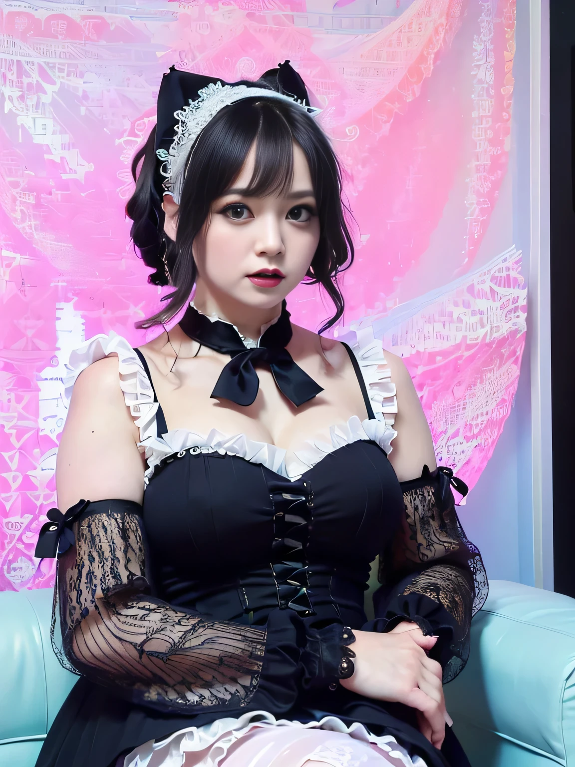 (best quality:2), (realistic, photo-realistic:2), (High-definition face drawing:1.3), (masterpiece:1.1), (full body:1.2), (in vaporwave style:1.3), (sexy pose:1.1), (sitting on:1.2), (thicc:1.2), (short hair:1), gal.safetensors, (fractal structure pattern:1.3), (cinematic natural light effects:1.2), (Gothic ta fashion made of delicate lace:1.3), (Wear white and pink:1.1)
