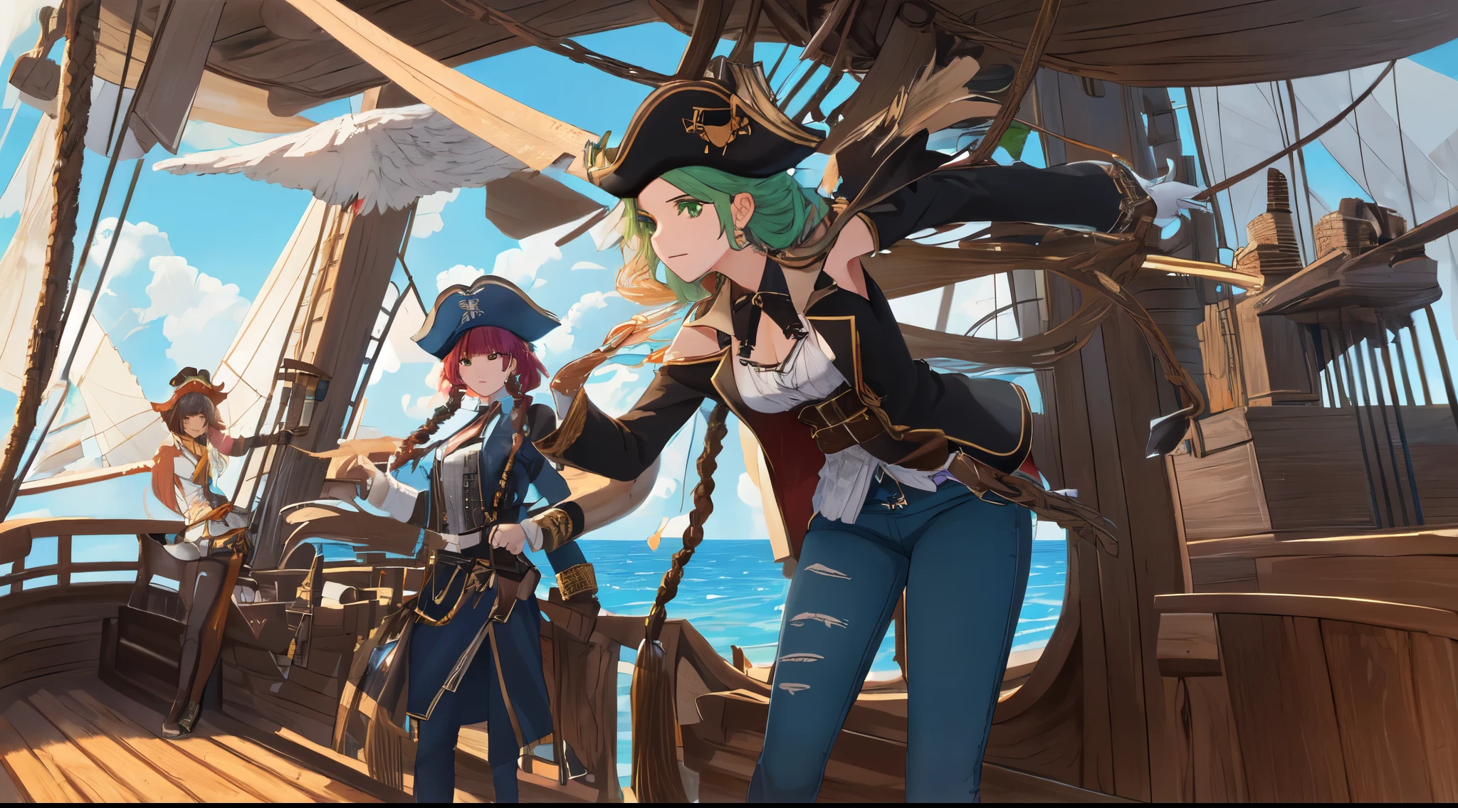 beautiful lesbians Captain Roseheart and Black-eyed Bonnie Stormchaser, fearless and brave expression, mature, thin shoulders, very thin body, long fear, black captive dark pirate hat, white dirty braids, vibrant green eyes, Blue Pants, Inside the Ship, Deck of the Ship, Under sail the Angel Rose, lesbian pirate flag, whose symbol is a angels, 3 giant cat heads carved out of wood on the stern of the ship. Altamente detalhado, HDR, perfeito, Beyond imagination, 8k, global ilumination, wide angle, black pearl bay