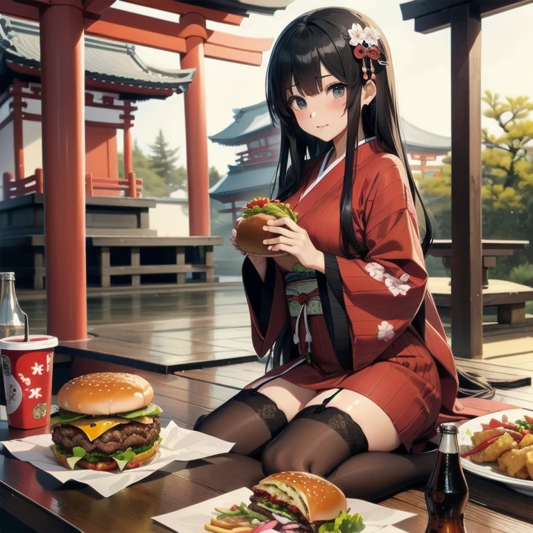 1girl, anime, black eyes, long black hair with square bangs, very long black hair, super long black hair, skirt and stockings, (((stockings))), heels, black Japanese style kimono mixed with ribbed black sweater with red accents and sakura floral design, ((ribbed black sweater)) adult, (((Japanese shrine/temple background))), kimono sleeves, garter, graceful, ((burger in hand in kitchen)), burgers on countertop, lots of completed dishes everywhere, (((lots of food in the background))), french fries, cola soda,