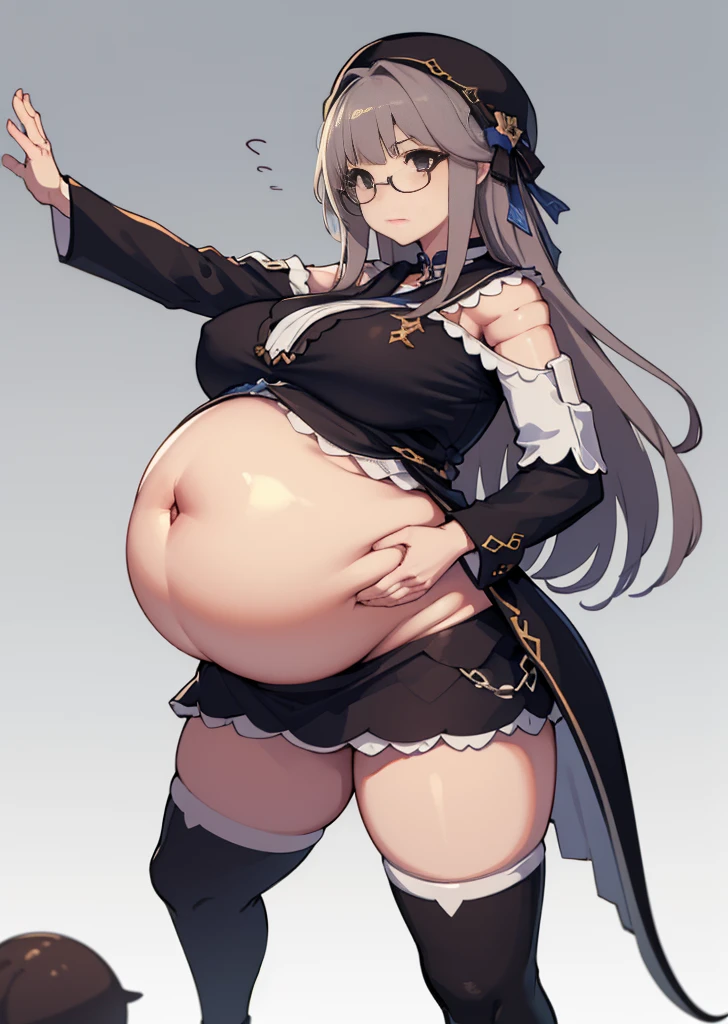 (masterpiece, best quality, highly detailed), 1girls, big belly, blurry background, huge belly, art by kipteitei, round belly, chubby, curvy, simple_background, gradient_background, belly grab, enormous belly, fat belly, thicc, bigger belly, really big belly, jiggly belly, shirt covering belly, belly cover by shirt, glasses, ((((mommy)))), casual clothes, skirt, thighhighs, ((full body)), long hair