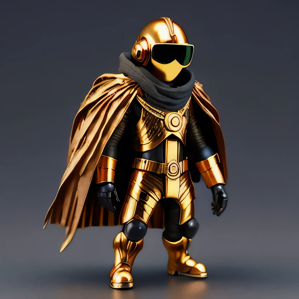 Brilliant Gold Diamond Maya Star，Copper weapons, Burlap Cape Mummy Hood Platinum Silk Cyberpunk Light Crossbow Space Station 1:90 miniatures, illustration, side view, (side view), Wear gold-rimmed reflective sunglasses, Carrying future weapons, very happy, side view, whole body, 3d, (Wood material) octane rendering, perfect appearance, collagen（（（Isometric art）））