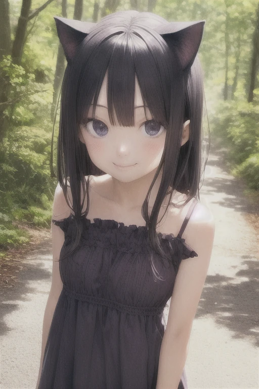 furry,cute girl,chibi,cat ears,black hair, red dress,sleveless,strapless,midriff,white skin,purple eyes, in forest,looking at viewer,smile,closed mouth,flowers,slightly above,