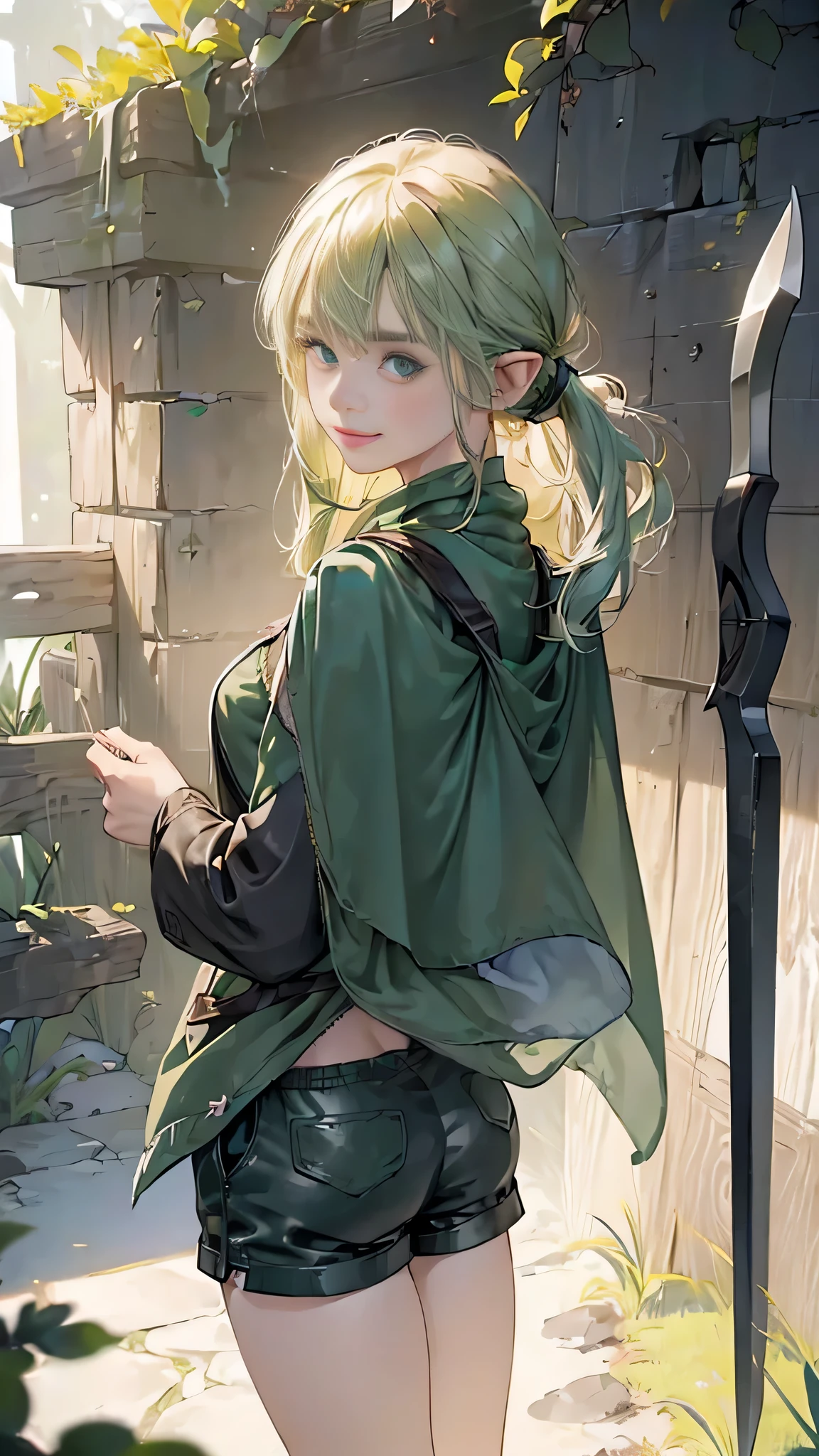 (((((girl))))), masterpiece, ultra detailed, 8K Portrait, Raw photo, woman's portrait photography, full body, Highly detailed smile face, ((Fantasy)), (((hobbit))), ((Adult)), 45 years old, 110cm, (((thief))), ((white skin)), greenish blond twin tail hair, (wearing a helmet), (((dark green silk long cloak))) Fluttering in the wind, (((explorer safari jacket))), leather grooves, (((short pants))), (((large back pack))), (((equip a pickaxe))), Midday sun, Hyper realistic, Slender body, by the foggy castle, Ambient lighting, Shadow details , Camera focus on face, strong breeze, Light fog