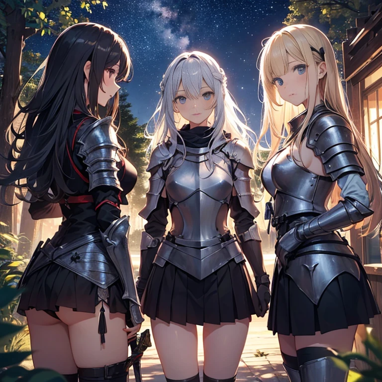 A group of young female knight, (in forest), various hair styles, harem, wearing armored clothes, metal armor, night, details face, , short skirt, seducing, sword, sleeveless , night, starry night
