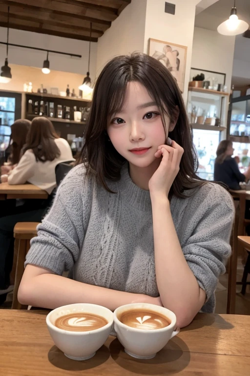 ((highest quality)), ((masterpiece)), (be familiar with), perfect face, Cafe, woman, Look at the photographer