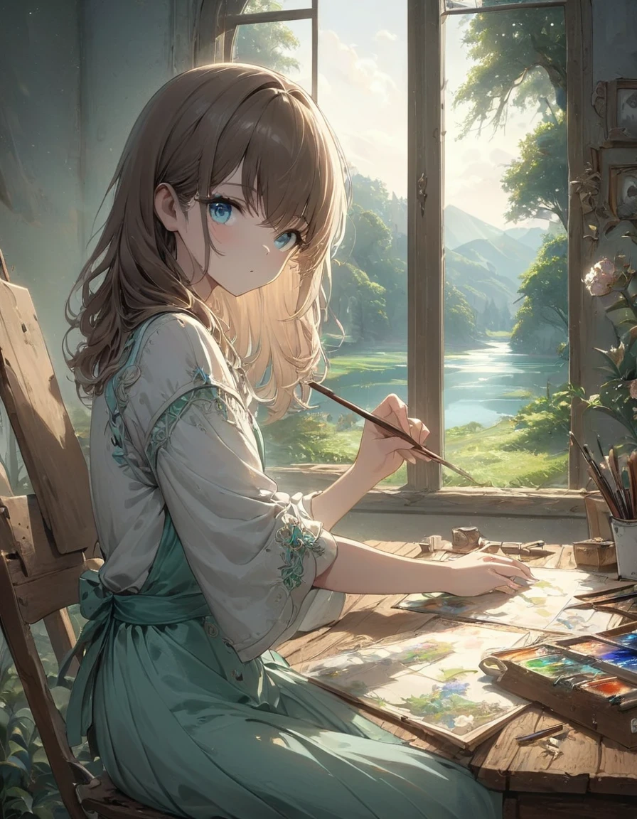 A girl sitting at a wooden desk, enjoying a cup of aromatic tea, with steam gently rising from the cup. Her delicate fingers are wrapped around the warm porcelain, adding a touch of elegance and serenity to the scene. Her eyes reflect the soft natural light streaming in through a large window, creating a warm glow on her face.

The desk is cluttered with art supplies, showcasing her creative spirit. Pencils, brushes, and watercolor palettes are scattered across the surface, hinting at the artistic endeavors happening in this serene setting. The wooden texture of the desk adds a rustic charm, contrasting with the modernity of the surrounding environment.

Looking beyond the window, a picturesque view unveils itself. It is a cinematic scene — rolling hills covered in lush green vegetation, a tranquil lake mirroring the azure sky, and vibrant flowers blooming in harmony. The landscape exudes a sense of peace and tranquility, inviting the viewer to immerse themselves in nature's beauty.

The lighting is perfect, casting soft shadows and creating a gentle play of light and dark. It enhances the overall atmosphere, adding depth and dimension to the composition. The light delicately highlights the girl's face, accentuating her features and evoking a sense of tranquility and contentment.

The composition of the scene is carefully thought out, with the girl positioned off-center, creating a visually appealing balance. The rule of thirds is expertly employed, drawing the viewer's attention to the main subject while harmoniously incorporating the surrounding elements.

As for the art style, it is realistic and detailed, capturing every intricate brushstroke and delicate color variation. The medium used could be oil painting or even a stunning 3D rendering, enhancing the overall aesthetic quality and immersing the viewer in the beauty of the artwork.

The color palette is serene and soothing, with a focus on earthy tones and pastel hues. Soft greens, warm browns, and delicate p