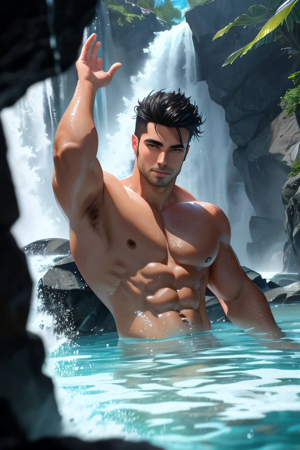 Handsome sexy Man bathing under water falling from a waterfall. Crystal clear water. Hyper-detailed. High quality. 8k