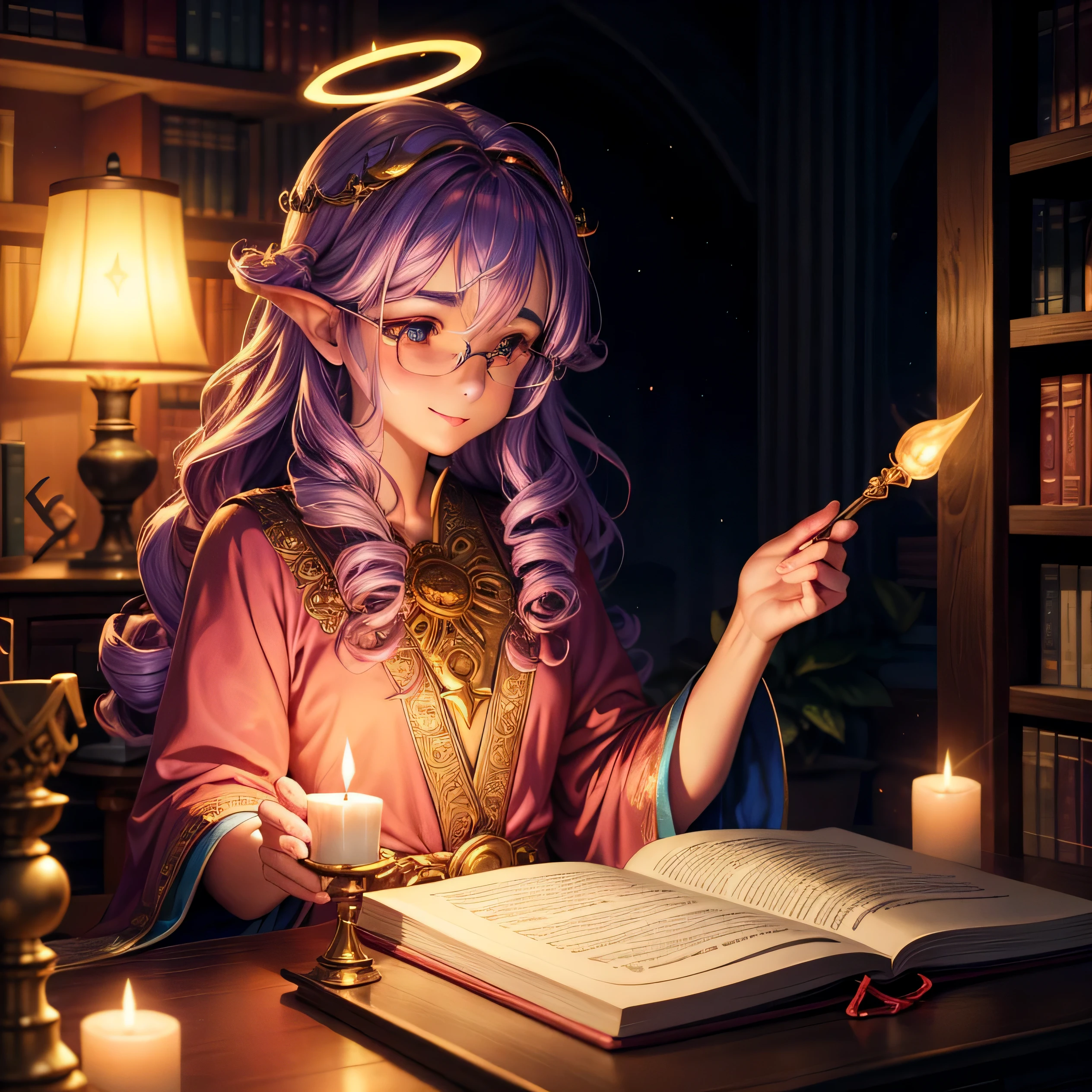 Genie girl with curly hair, glowing lamp, magical aura, intricately detailed features, bushy eyebrows, twinkling eyes filled with wisdom, colorful robe, mid-length skirt, oversized glasses, sitting cross-legged on a velvety mat, halo surrounding her head, radiant smile, holding a wand, ancient books scattered around, bookshelves in the background, candlelight illuminating the scene, enchanting, ethereal, mystical, wonder, spellbinding, fantastical, whimsical, mythical, magical realism, fully rendered, high definition, dynamically lit, hyper-realistic, cinematic quality, detailed texture, vivid colors