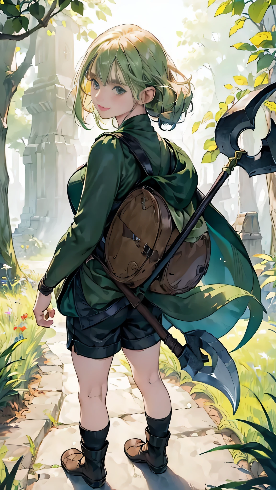 (((((girl))))), masterpiece, ultra detailed, 8K Portrait, Raw photo, woman's portrait photography, full body, Highly detailed smile face, ((Fantasy)), (((hobbit))), ((Adult)), 45 years old, 110cm, (((thief))), ((white skin)), greenish blond twin tail hair, (wearing a helmet), (((dark green silk long cloak))) Fluttering in the wind, (((explorer safari jacket))), leather grooves, (((short pants))), (((large back pack))), (((equip a pickaxe))), Midday sun, Hyper realistic, Slender body, by the foggy castle, Ambient lighting, Shadow details , Camera focus on face, strong breeze, Light fog