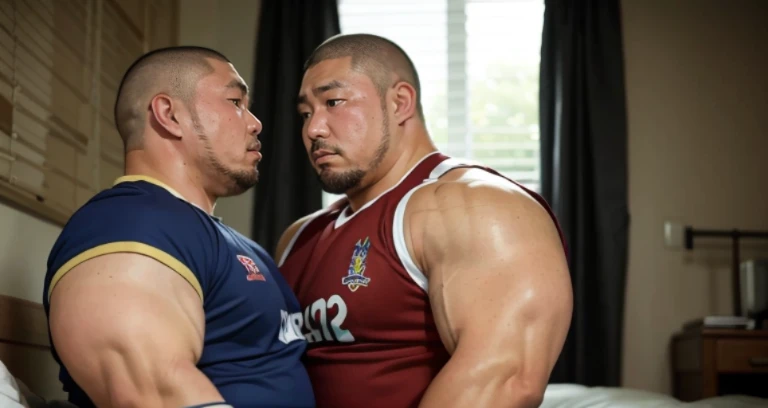 kissing, inside bed room, facing each other, (rugby uniform:1.2), Japanese man, Chinese man, Korean man, Taiwanese man, manly face, round face, monolid eyes, (buzz cut:1.4), very large and strong body, bulging muscles, very large pectoral muscles, muscular arms, muscular abs, muscular legs, muscular back, brightens oily skin, master piece, realistic, panorama, distant view