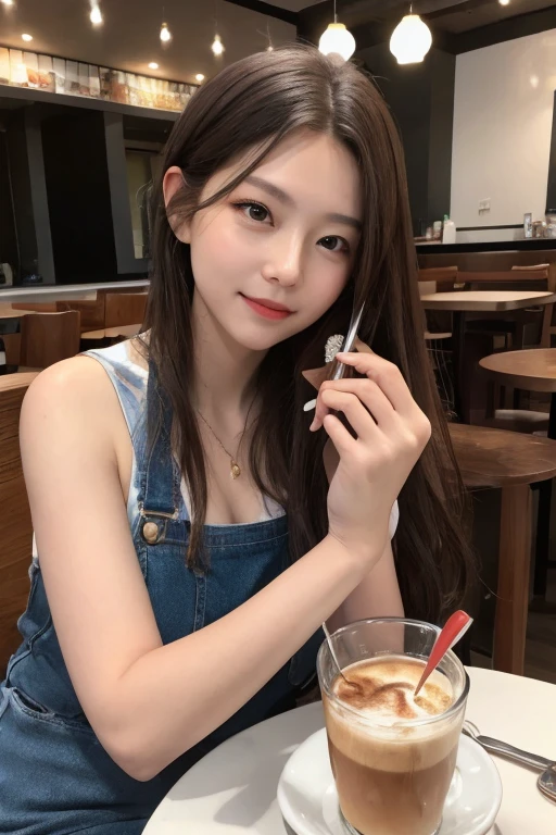 ((highest quality)), ((masterpiece)), (be familiar with), perfect face, Cafe, woman, Look at the photographer