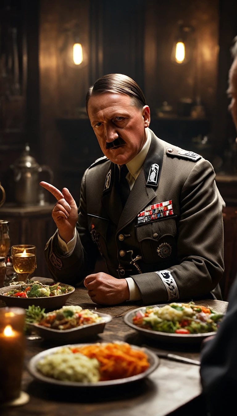 Show Hitler engaged in conversation, gesturing animatedly as he explains the benefits of his vegetarian diet to his guests, background dark, hyper realistic, ultra detailed hyper realistic, photorealistic, Studio Lighting, reflections, dynamic pose, Cinematic, Color Grading, Photography, Shot on 50mm lens, Ultra-Wide Angle, Depth of Field, hyper-detailed, beautifully color, 8k