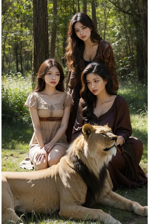 Two lions surrounding a beautiful woman,in the forest,Western style,dream
