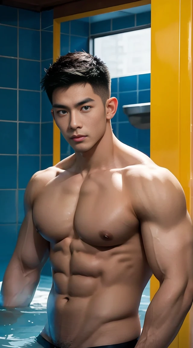 asian male model, big muscles, Full chest muscles,y and charming expression,blue eyes,Handsome, cool, Hair combed smoothly, piercing ears,nakar sexy tonBig bag highlights, image, modeling, dynamic poses, Tsinghua University male student bathhouse, bath,Perfect hand details