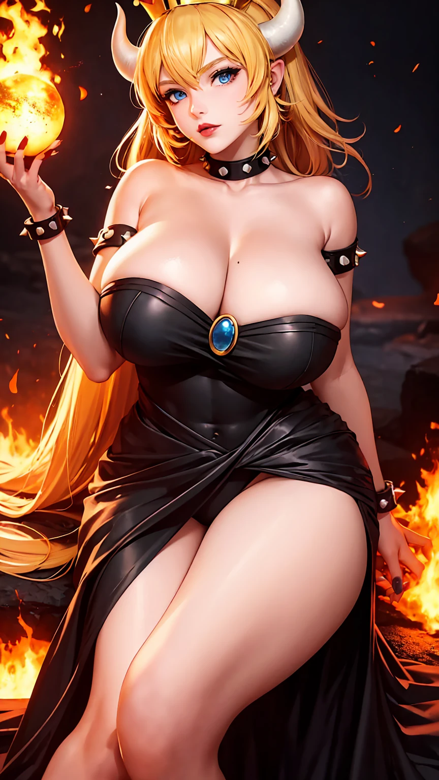 ((high detailed, best quality, 4k, masterpiece, hd:1.3)), ((best quality)), (((HD))), (((8k))), (ultraDH), (ultra HD), Princess Daisy, blue eyes, BREAK blue eyes, seductive, attractive, smooth anime cg art, 36C breasts, long legs, vivid colors, detailed digital art, slim body, perfect skin, dark blonde hair, long hair, blonde hair, blonde hair, BREAK crown, cleavage, 36C cleavage, looking at viewer, BREAK looking at viewer, extremely detailed face, red santa suit, red santa claus suit, santa claus suit, earrings, gem, dark black makeup lips, dark gothic eyeshadows, dark eyeshadows, black eyeshadows, black sexy lips, black lips, (dark:1.2), dark lips, very dark lips, (perfect hands, perfect anatomy), black makeup, black medium lips, black thick lips, detailed fingers, five fingers per hand, 5 fingers, (1 girl), detailed lips, detailed black lips, black painted lips, gothic painted lips, BREAK night, night sky, (breast focus), (arms outstreched:1.2), (from above:1.1), (breasts out:1.3), (off shoulder:1.1), (white horns), (lingerie), inside a lava castle, she inside a sea of lava, she bathing in lava, full body, perfect long legs, perfect foots, legs and foots into the lava, (((gigantic breasts)))