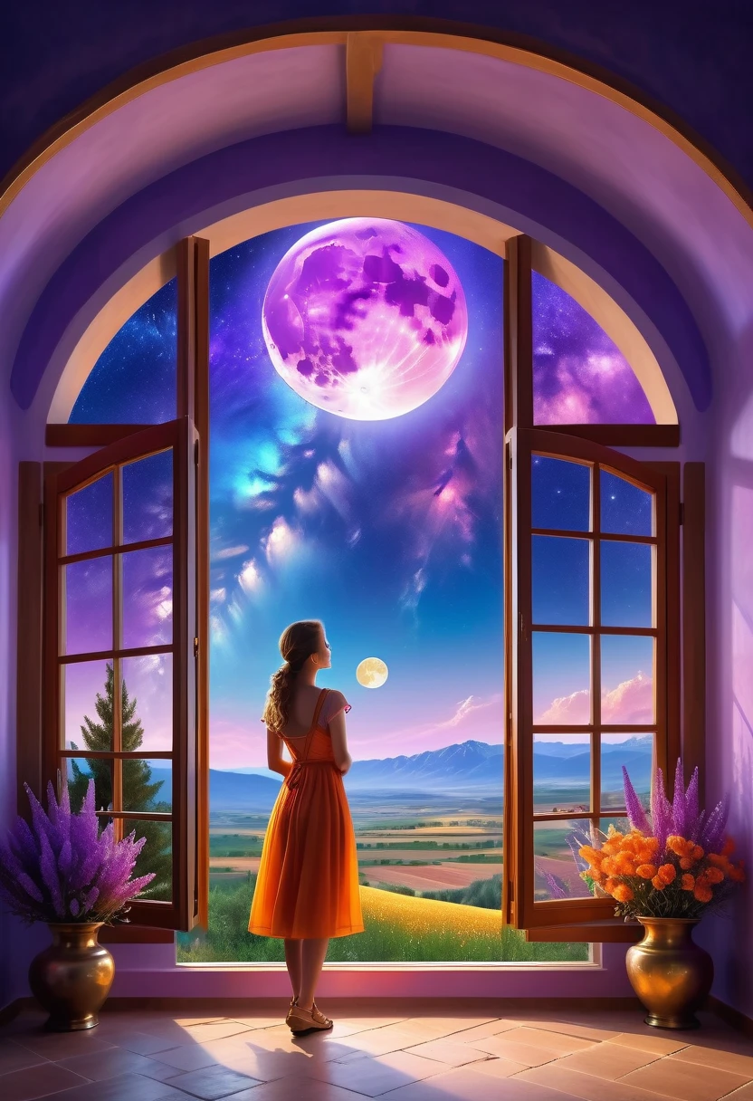  Windows in Roman architectural style，Girl standing by the window，The scenery outside the window，Looking out from the window，vast landscape photos, (A view of the sky and the wilderness below), Standing in the flower field and looking up, (full moon: 1.2), (meteor: 0.9), (nebula: 1.3), distant mountains, The art of tree folding, (Warm light source: 1.2), (firefly: 1.2), lamp, purple and orange, intricate details, Volumetric lightingBREAK (masterpiece: 1.2), (best quality ), 4K, Super detailed, (Dynamic configuration: 1.4), Highly detailed and colorful details (iridescent: 1.2), (sparkling lights, mood lighting), fantastic, magic, (alone: 1.2)