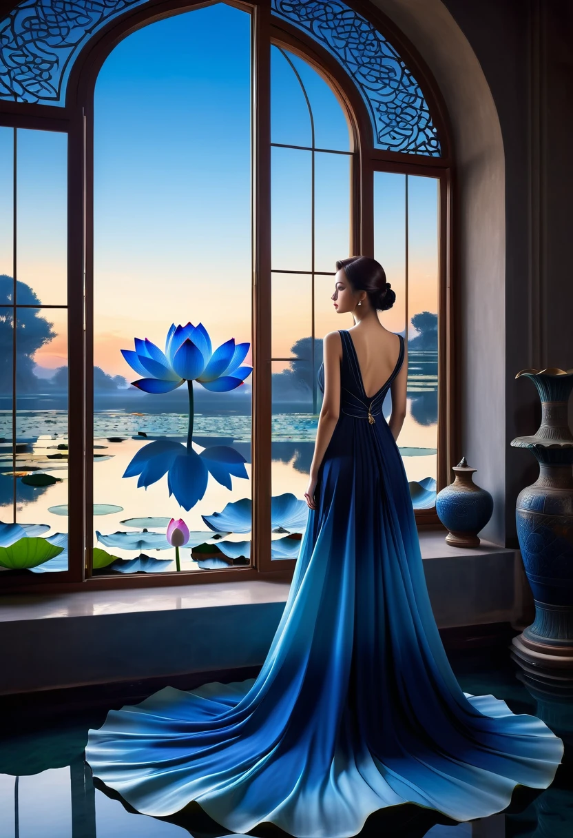 beautiful dark room,There is a big window, The scenery outside the window,(Looking out from the window:1.5),Roman style windows,An elegant woman wearing a blue gradient dress standing by the window. A large lotus pond outside the window, creating a surreal ambiance. Inspired by concept artist Mobius, The color has a strong contrast between light gray and dark navy blue, Create a sense of mystery.