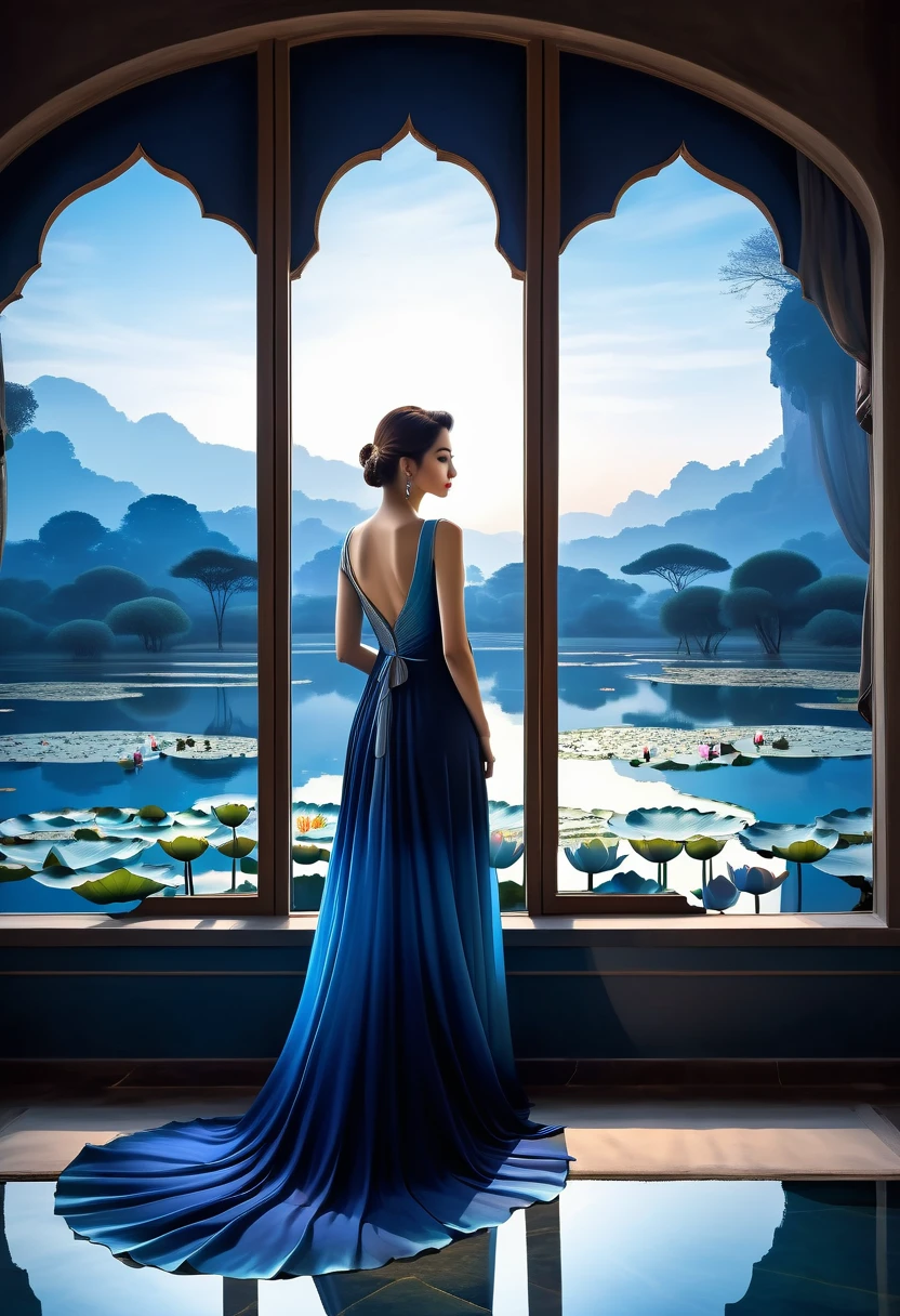 beautiful dark room，There is a big window,  The scenery outside the window，(Looking out from the window:1.5)，Roman style windows，An elegant woman wearing a blue gradient dress standing by the window.  A large lotus pond outside the window, creating a surreal ambiance.  Inspired by concept artist Mobius, The color has a strong contrast between light gray and dark navy blue, Create a sense of mystery.