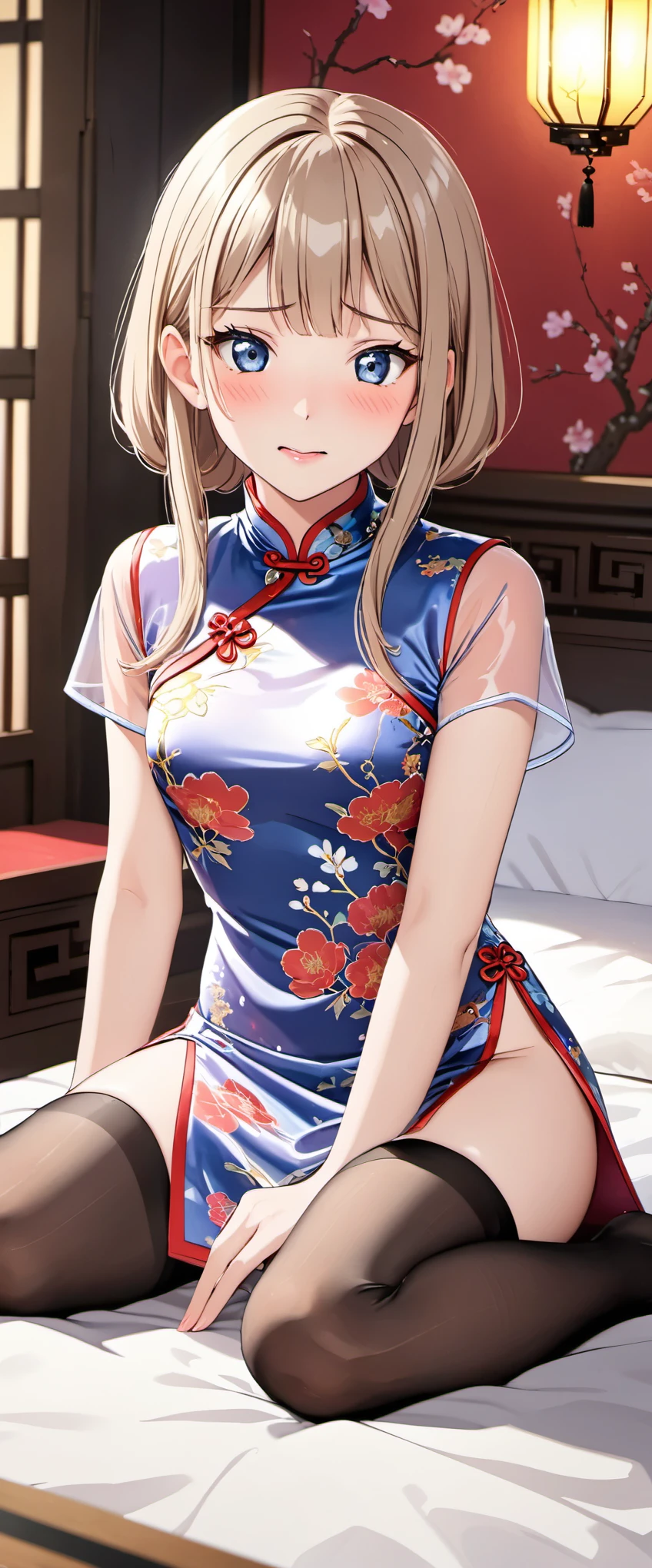 High resolution, 18 year old female , good lighting, despicable, , (No nudity), (((Silk cheongsam))),(stockings),cute face, I&#39;m embarrassed and blush, humiliating, ((See-through)),