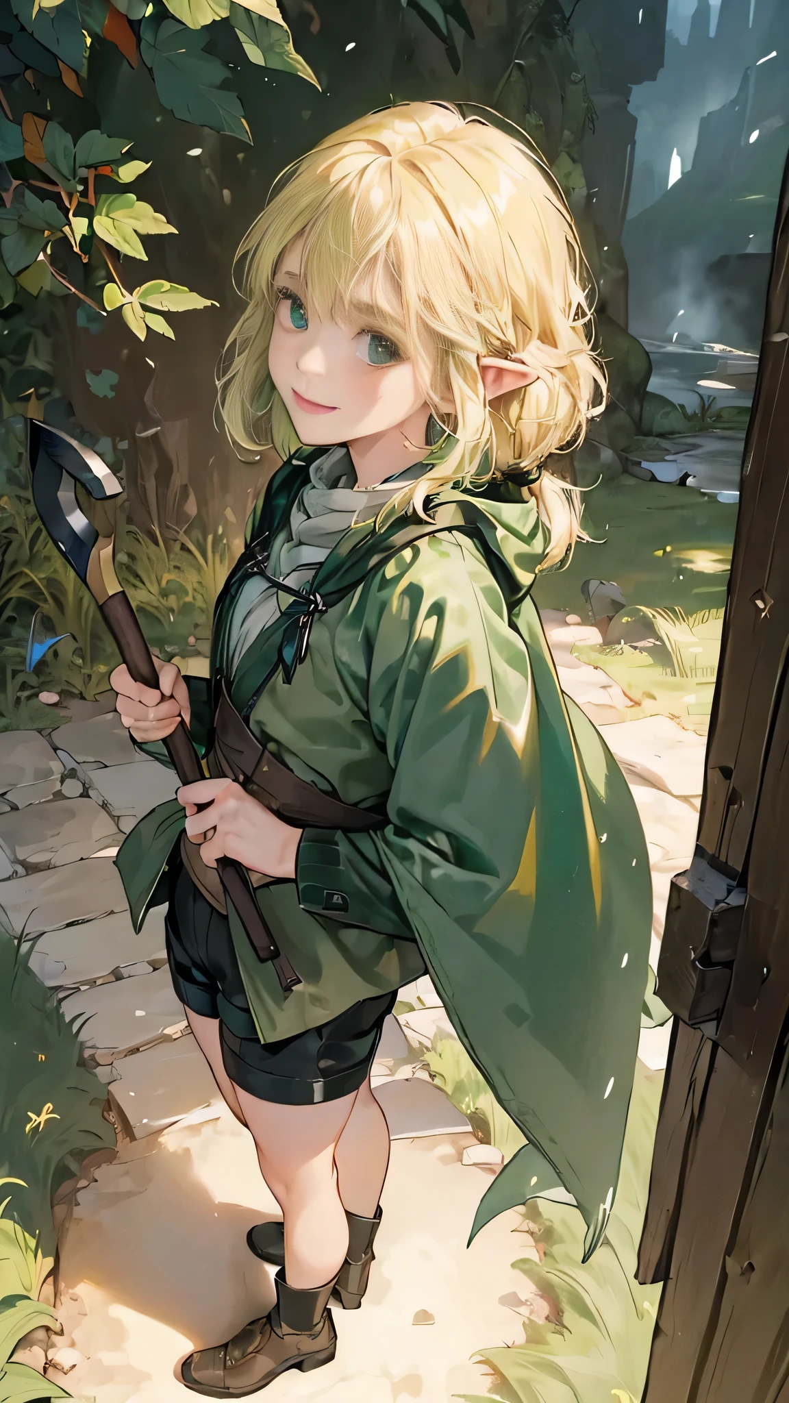 (((((girl))))), masterpiece, ultra detailed, 8K Portrait, Raw photo, woman's portrait photography, full body, Highly detailed smile face, ((Fantasy)), (((hobbit))), ((Adult)), 45 years old, 110cm, (((thief))), ((white skin)), greenish blond twin tail hair, (wearing a helmet), (((dark green silk long cloak))) Fluttering in the wind, (((explorer safari jacket))), leather grooves, (((short pants))), (((lot of tool kit))), (((equip a pickaxe))), Midday sun, Hyper realistic, Slender body, by the foggy castle, Ambient lighting, Shadow details , Camera focus on face, strong breeze, Light fog