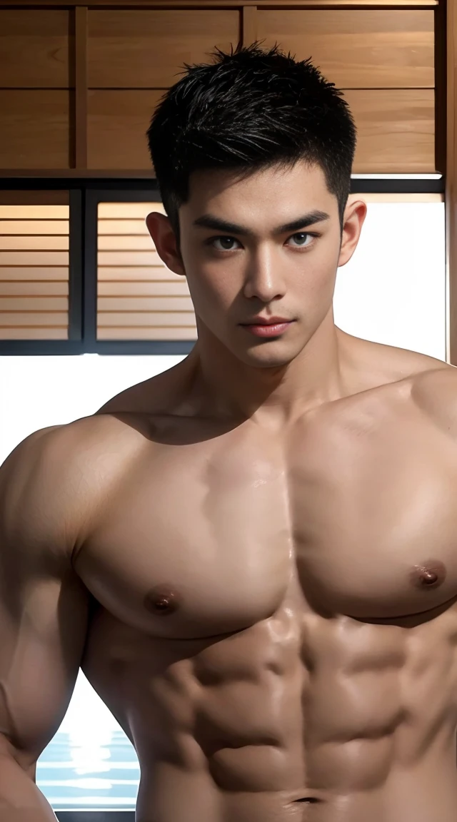asian male model, big muscles, Full chest muscles,Sexy and charming expression,blue eyes,Handsome, cool, Hair combed smoothly, piercing ears,naked,Wear sexy tongs,Big bag highlights, image, modeling, dynamic poses, Tsinghua University male student bathhouse, bath,Perfect hand details