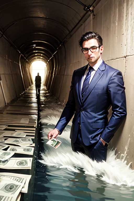 Image of a successful business man in a deep tunnel with flowing water holding cash and another ordinary man holding a container beside him realistic image.