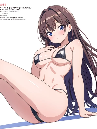 masterpiece, best quality, solo, random pose, y pose, seductive pose, ((white background)), hand on own chest, black micro bikini, dutch angle, thong, magazine text, from below, on floor, studio lighting,