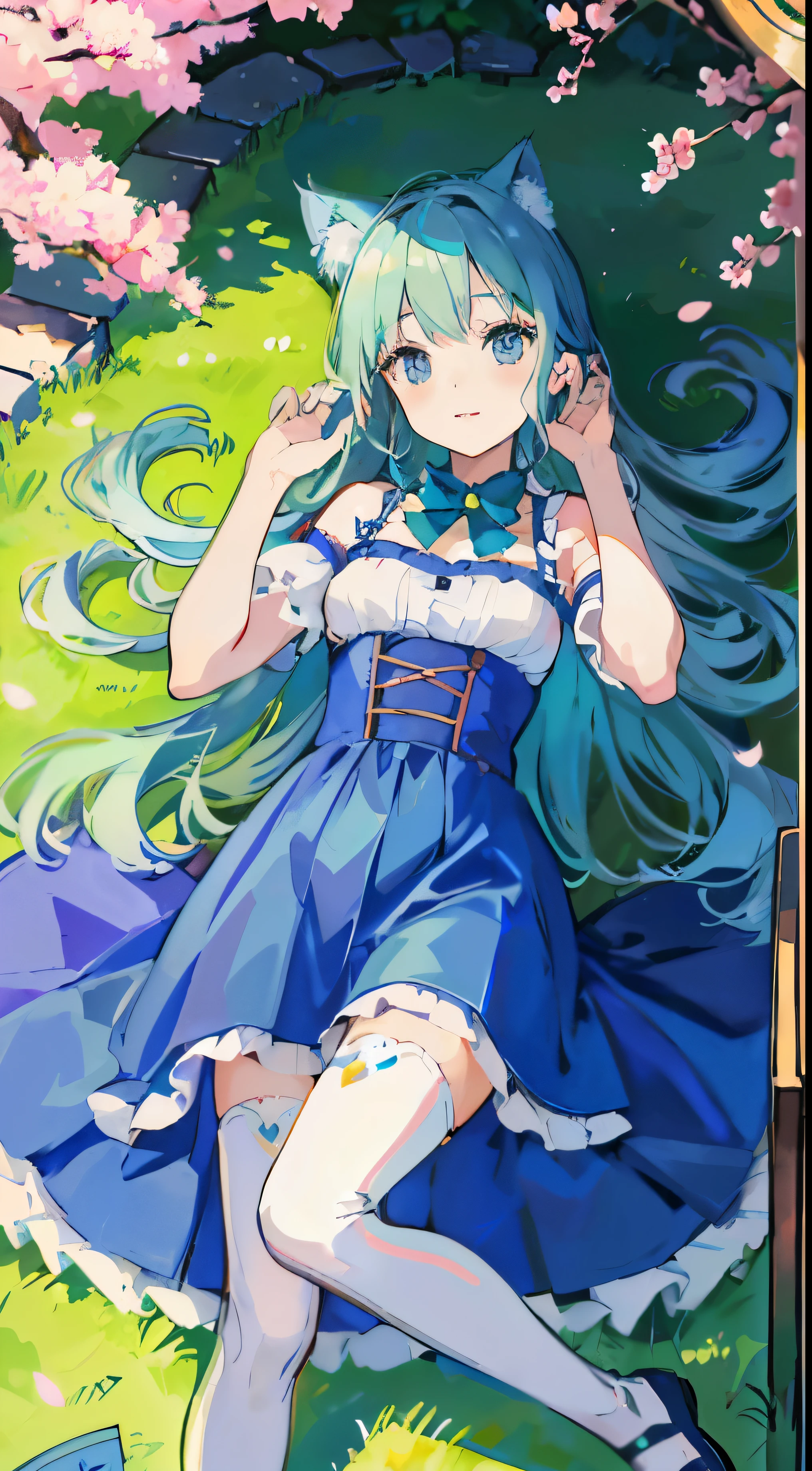 ((table top, highest quality: 1.1), ((Anime girl in a blue dress with a magic wand)), art nouveau、Anime cat girl in maid outfit, , ((Green hairs))、long haired person、((Eyes that shine like jewels, long eyelashes, and transparency))、Very Beautiful Anime Neko Musume, anime cat girl, ((white knee highs)), charming cat girl, Cherry blossom viewing under the cherry trees,lying down、私nspired by Leiko 私kemura, Aya Takano color style, in ryuuou no oshigoto art style, ((Cat ear)), smile