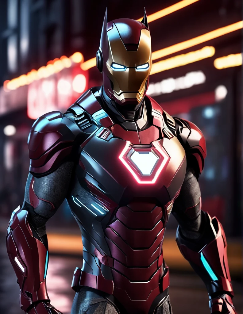 An experimental fusion of cyberpunk Batironman with glowing circuit patterns on the costume, a detailed photorealistic new breed of superhero, insanely detailed and intricate figure and high-tech costume, dark cement grey and dark red dual tone colored, dark toned, night metro gotham background, volumetric lighting, unreal engine 5, with some neon lights