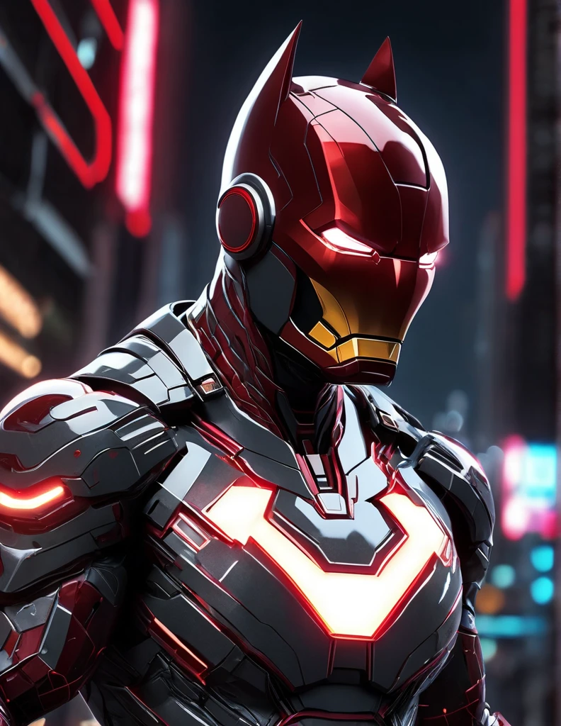 An experimental fusion of cyberpunk Batironman with glowing circuit patterns on the costume, a detailed photorealistic new breed of superhero, insanely detailed and intricate figure and high-tech costume, dark cement grey and dark red dual tone colored, dark toned, night metro gotham background, volumetric lighting, unreal engine 5, with some neon lights