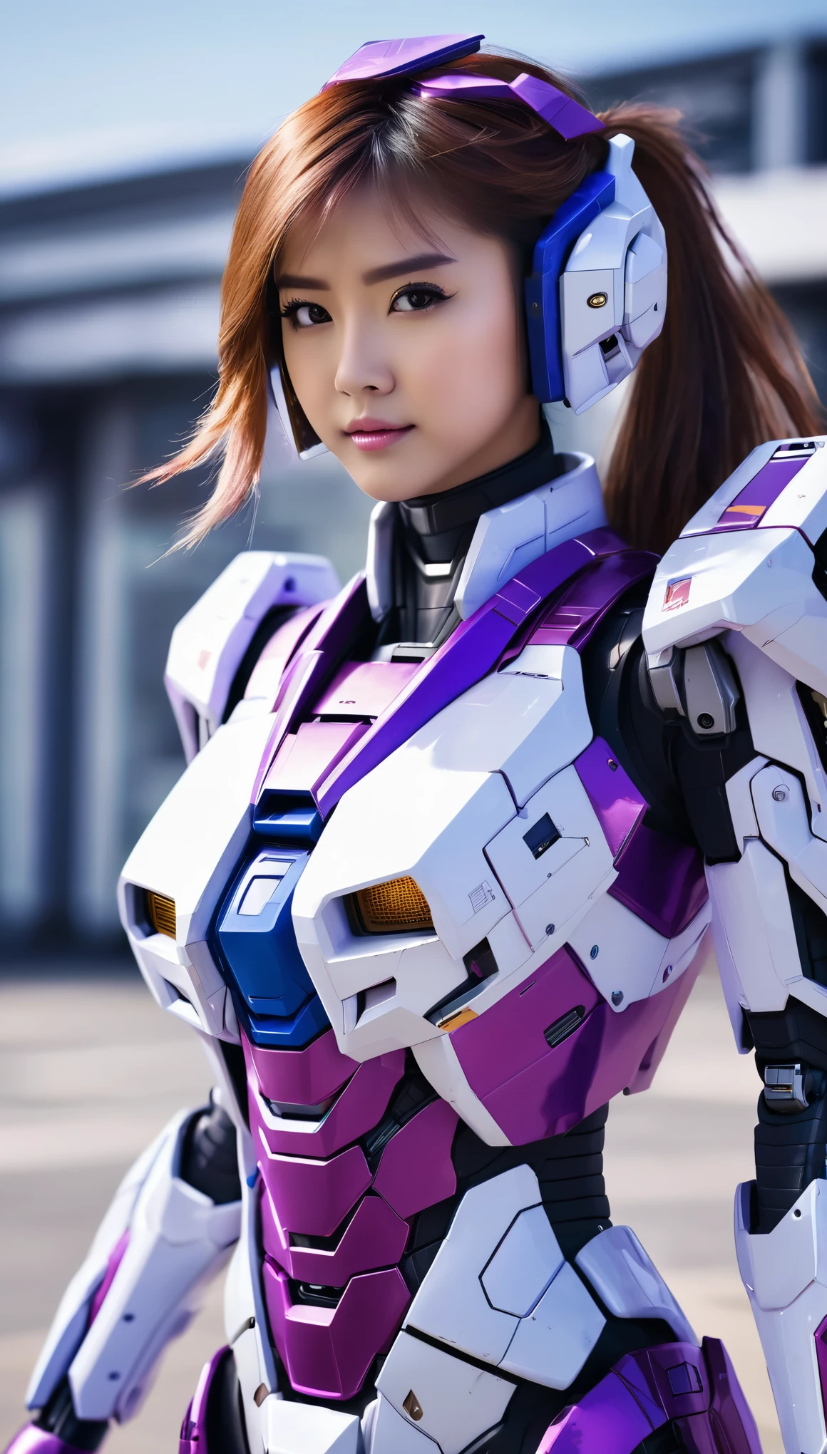 RAW, Masterpiece, Ultra Fine Photo,, Best Quality, Ultra High Resolution, Photorealistic, Sunlight, Full Body Portrait, Stunningly Beautiful,, Dynamic Poses, Delicate Face, wearing a mecha sun glass future transparent neon, Vibrant Eyes, a full body of a woman in a purple and white gundam custume, dybamic pose, pony tail long brown very very long hair rapunzel, girl in mecha cyber armor, portrait armored astronaut girl, d. va from overwatch, female mecha, on a gundam, gundam head, chiho aoshima color scheme, mobile suit, streamlined purple armor, fully robotic!! girl, realistic cosplay, gundam armor (dynamic pose) (best cameraview), full body, sit down, full body
