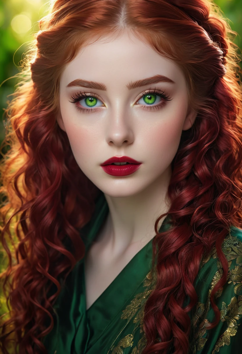1 woman, inside a dark medieval room, wearing a sensual wine-colored outfit, red and full lips, detailed facial features, feminine green eyes, clear and detailed skin, long brown hair, full body shot, dramatic lighting, cinematic composition, warm palette, cool colors, atmospheric haze, full body, thin chin, wild expression, sensual body, serious face, sensual and beautiful woman (best quality, 4K, 8K, high resolution, art: 1.2), ultra detailed (realistic, photorealistic, photorealistic: 1.37)