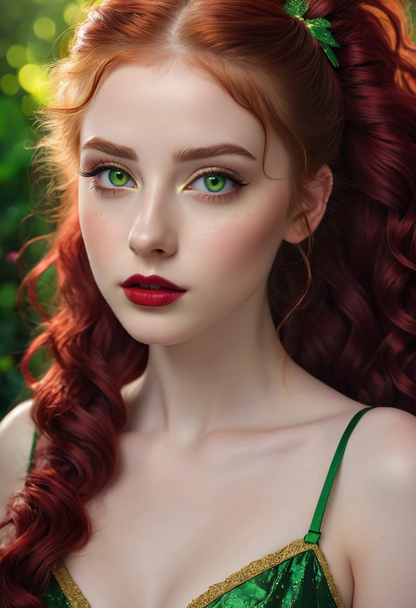 (masterpiece, best quality), ((realistic)), 1girl, solo, (((age 18))), (skin texture:1.1), (skin pores:1.2), (pale skin), (high detail face), ultra-detailed, digital-art, ((Raw photo)), ((long curly red hair)), (Big Twin tails), Looking at up, ((Green Gold Eyes)), (Translucent Cornea, luminosity:1.2), ((beautiful and perfect eyes)), Black Eyeliner, thin eyebrows, long eyelashes, ((full lips, lipstick dark cherry )), cinematic lighting